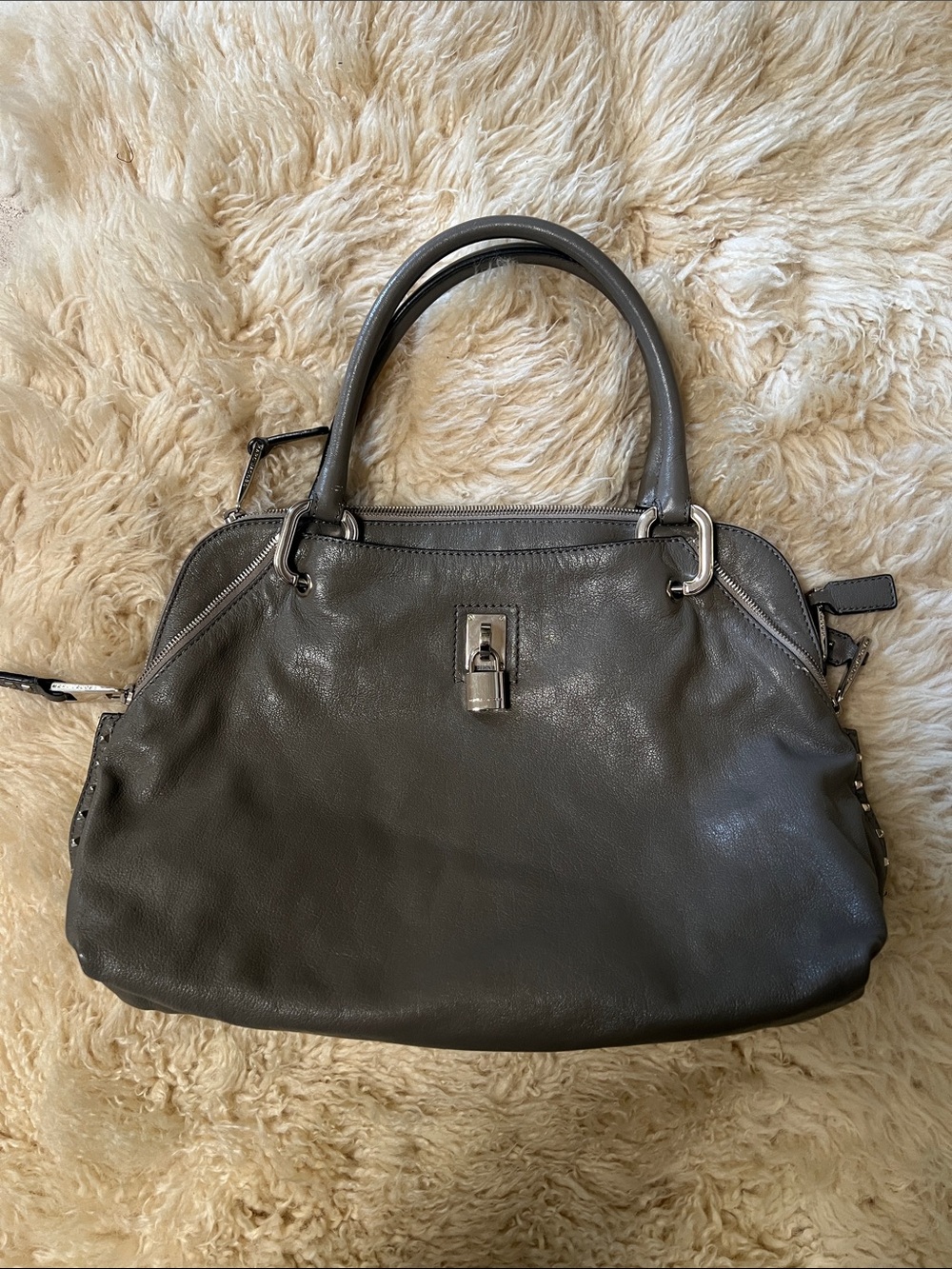 Classic Gray Leather Satchel with Lock Detail